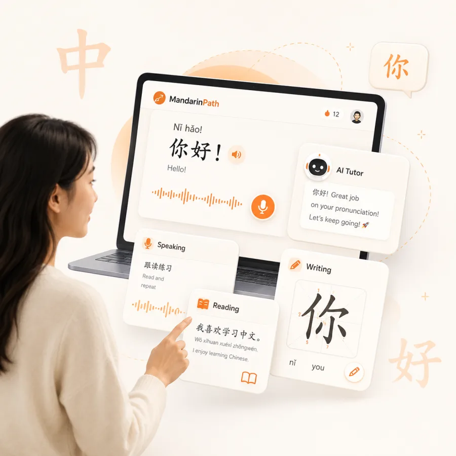 MandarinPath app showing speaking, reading, and writing practice